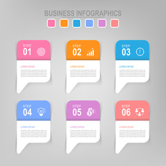 Obraz premium Infographic template of six steps on squares, tag banner for work sheet, flat design of business icon, vector