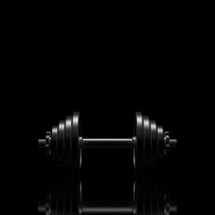 Obraz na płótnie Canvas Dumbbell on a black reflective surface. Professional studio lighting from above. The silhouette of a heavy metal dumbbell. Cast iron discs and handle. Square proportions. 3D illustration.