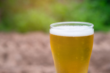 Close-up golden beer in clear glass with white air bubble on nature background. Copy space and texture.