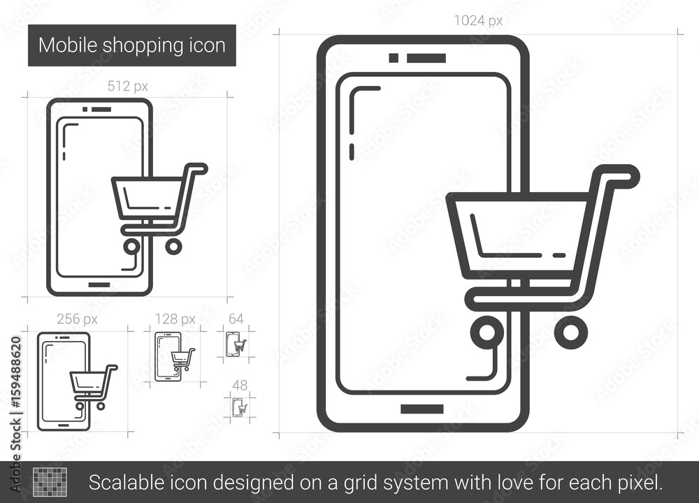 Poster mobile shopping vector line icon isolated on white background. mobile shopping line icon for infogra