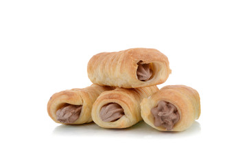 pastry french twist with chocolate filling white background