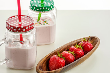 Strawberry milkshake in the glass jar