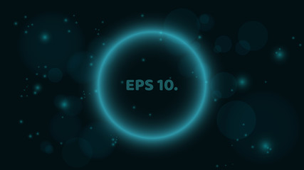 A round, glowing blue banner on a black background. Banner in the form of a bubble. A place for your projects. Bright, flying glare. Vector illustration. EPS 10