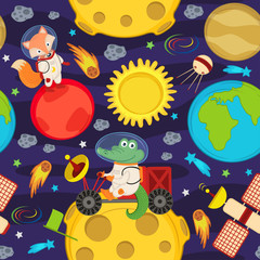 seamless pattern with moon rover and animals - vector illustration, eps
