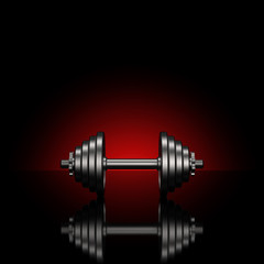 Dumbbells on a black reflective surface. Professional studio lighting with red background. Heavy metal dumbbells. Cast iron discs and handle. Square proportions. 3D illustration.