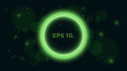 A round, glowing green banner on a black background. Banner in the form of a bubble. A place for your projects. Bright, flying glare. Vector illustration. EPS 10