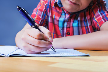 Pupil at the desk writing in notebook closeup view