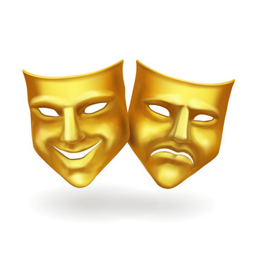 Theater masks, gold icons realistic vector