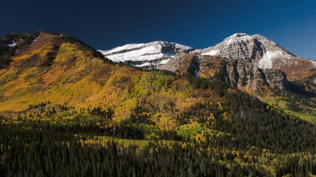 Wide flyover shot of autumn trees near mountain. Wasatch Mountains, Utah, United States