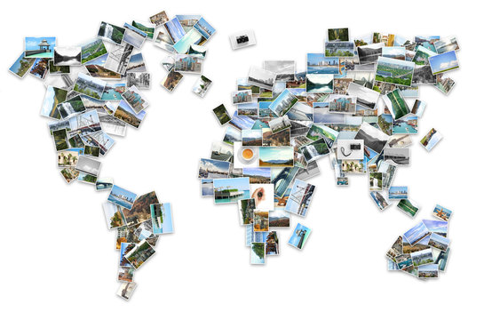 World map of photos from different places on white background. Concept of travel memories