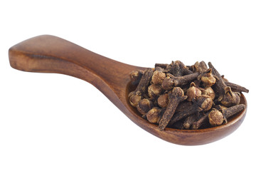 Set of peppercorn in wooden spoon isolated