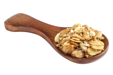 Muesli in spoon over white background.