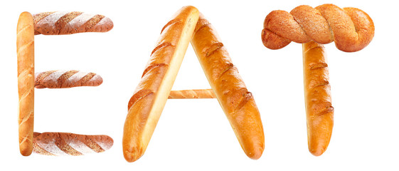 Word EAT made of fresh bread on white background
