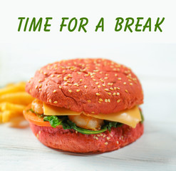 Delicious sandwich with fish on wooden table. Text TIME FOR A BREAK on light background