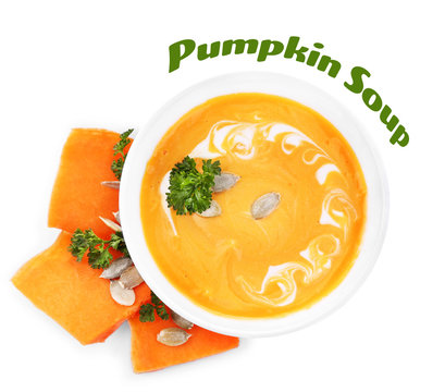 Pumpkin soup and fresh pumpkin slices isolated on white