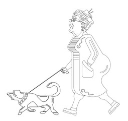 Old woman walks with dog on white background. Graceful grandma. Pensioner free time. Old woman  in profile. An elderly woman with overweight.  Pensioner live. Black silhouette old woman lines