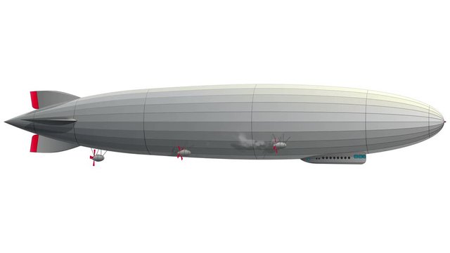 Legendary huge zeppelin airship filled with hydrogen. Flying balloon animation. Big dirigible, spinning propellers, rudder. Long zeppelin, white background, rigid airship. Isolated with alpha key.