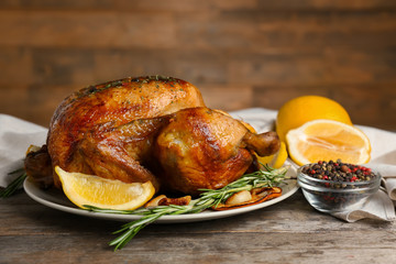 Homemade baked chicken with lemon and rosemary on table