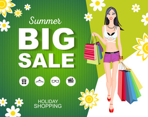 Flat style poster summer Big sale with icons. Shopping wonan model.