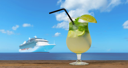 Summer cocktail on a cruise vacation. 
Refreshing Mojito, blurred cruise ship in the background.
