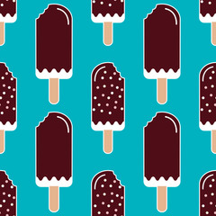 Summer mood pattern with eaten sweet ice cream. Texture with cold desserts, ice cream with colorful sprinkles, fudge sundae.