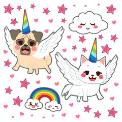 Cute comic animal stickers pop art style of dog and cat disguised as unicorn with stars, rainbow and clouds