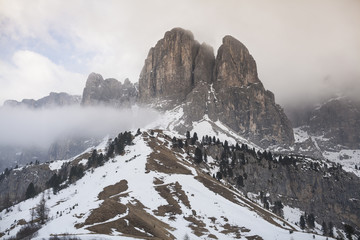 Winter view of Dolomites in the area of Trentino-Alto-Adige region, Italy. Selective focus
