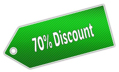 Striped green 70 PERCENT DISCOUNT label.