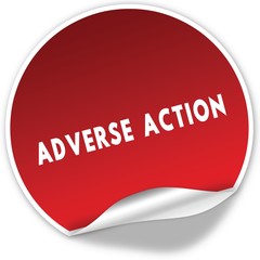 ADVERSE ACTION text on realistic red sticker on white background.
