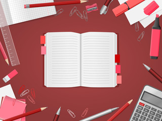 School supplies, open notebook, red pencils, pens, paper, calculator, ruler, eraser with place for text. Back to school. Education and school concept. Vector illustration
