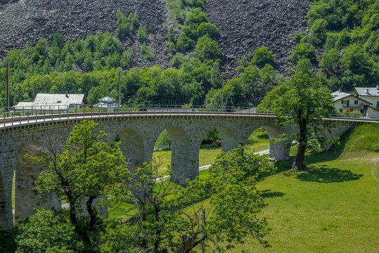 Circular viaduct bridge near Brusio on the Swiss Alps - 5