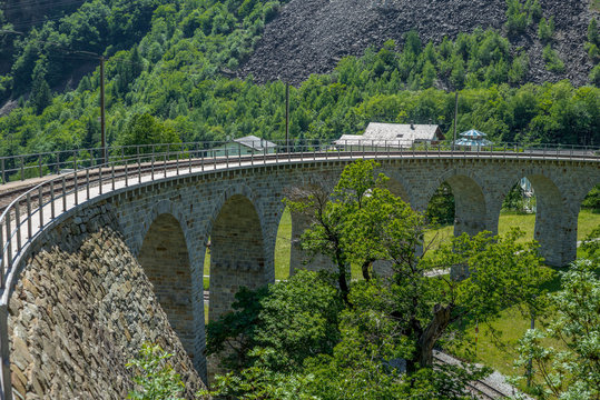 Circular viaduct bridge near Brusio on the Swiss Alps - 6