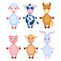 Cartoon cute farmer animals, domestic cow, pig, rabbit, horse, lamb, goat isolated on white background, colorful vector illustration, Character design for greeting card, children invitation, education