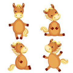 Horses vector set kid cartoon animal pose, domestic cute foal isolated on white background, farmer animals, Character design for greeting card, children invitation, creation of zoo alphabet, printing