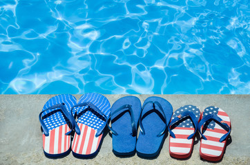 Summer background with flip flops near the pool