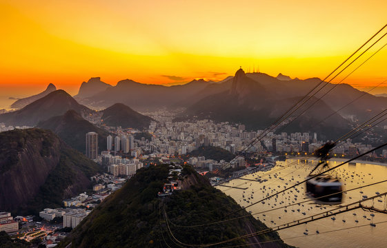 Sunset view of Corcovado, Urca and Botafogo in Rio de Janeiro. Brazil