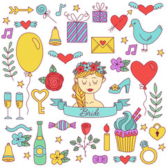 Wedding bride doodle colorful vector set