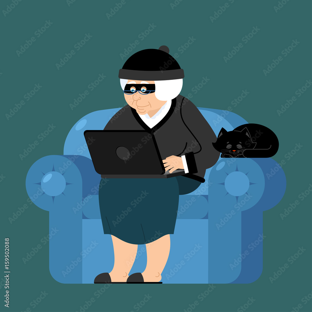 Poster grandmother hacker sits on an armchair with laptop and cat. grandma is thief programmer. internet co