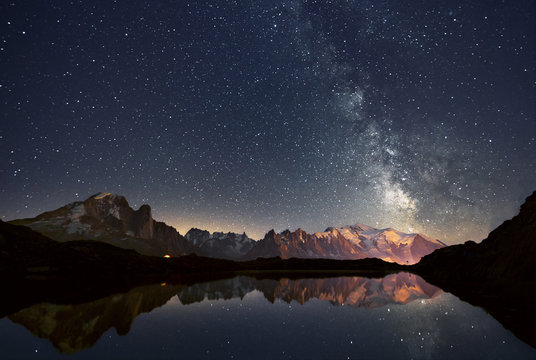 Cheserys lake and the Mont Blanc Massif at night