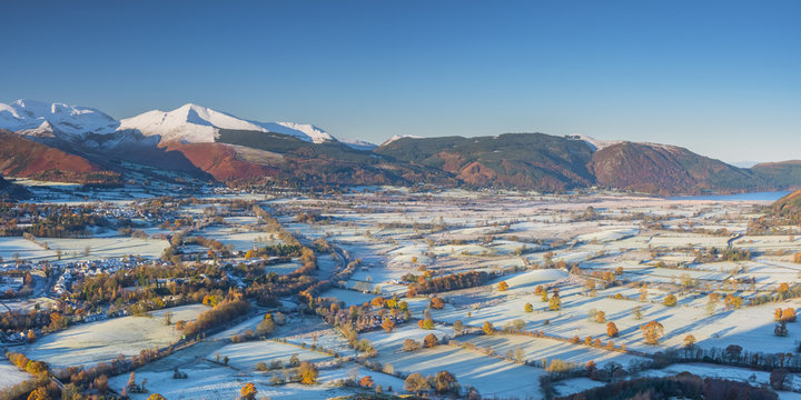 UK, England, Cumbria, Lake District, Keswick, frosty valley floor north of Keswick