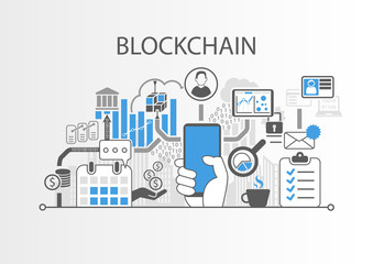 Blockchain vector background illustration with hand holding smartphone and icons