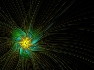 Night Flower. Abstract fractal in yellow and green colors on the black background