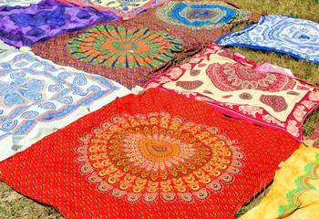 Beach handkerchiefs and sarongs of mandala in Conil de la Frontera, famous holiday town on the coast of Cadiz, Andalusia, Spain