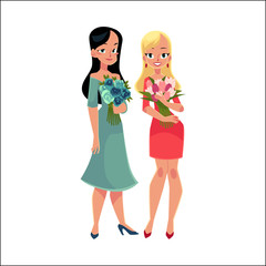 Fototapeta na wymiar Two beautiful blond women, girls standing, holding bunches of flowers, cartoon vector illustration isolated on white background. Full length portrait of happy girls, women with bunches of flowers