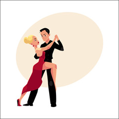 Couples of professional ballroom dancers dancing tango, looking at each other, cartoon vector illustration with space for text. Ballroom dance couple dancing tango, woman in red, man in black
