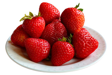 Ripe fresh red strawberries on a saucer. Isolated, white background.