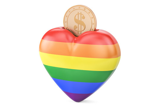 Money box in heart shape with rainbow flag, 3D rendering