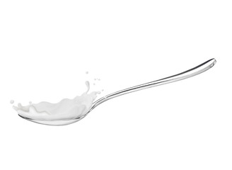 Splashes of yogurt on a spoon, on white background
