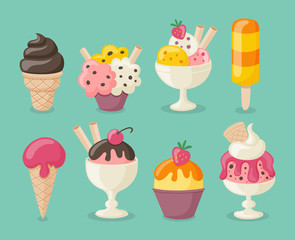 Collection of 8 tasty ice creams. Vector illustration.
