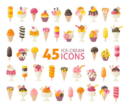 Collection of 45 five yummy ice cream icons isolated on white. Vector illustration.